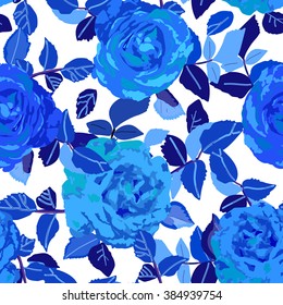 Floral seamless hand drawn background. Isolated blue roses and leafs. Vector illustration.