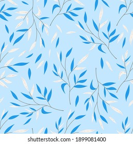 Floral seamless with hand drawn color leaves. Cute autumn background. Tropic blue branches. Modern floral compositions. Fashion vector stock illustration for wallpaper, posters, card, fabric, textile
