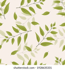 Floral seamless with hand drawn color leaves. Cute autumn background. Tropical green branches. Modern floral composition. Stock fashion vector illustration for wallpaper, posters, card, fabric, textile