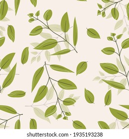 Floral seamless with hand drawn color leaves. Cute autumn background. Tropic green branches. Modern floral compositions. Fashion vector stock illustration for wallpaper, posters, card, fabric, textile