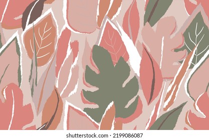 Floral seamless with hand drawn color exotic monstera leaves. Cute summer background. Tropic branches. Modern floral compositions. Fashion vector illustration for wallpaper, fabric, textile.