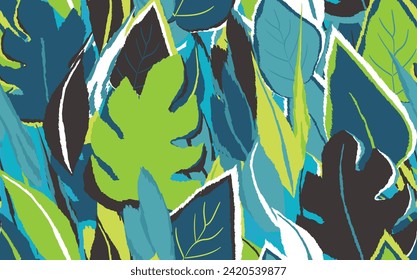 Floral seamless with hand drawn color exotic monstera leaves. Cute summer background. Tropic branches. Modern floral compositions. Fashion vector illustration for wallpaper, fabric, textile.