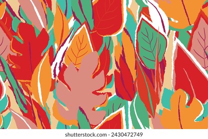 Floral sin costuras con hojas de monstruos exóticos de color dibujado a mano. Lindo fondo de verano. Ramas tropicales. Composiciones florales modernas. Ilustración vectorial de moda para papel pintado, tela, textil.