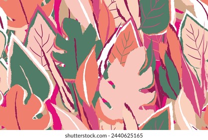 Floral seamless with hand drawn color exotic monstera leaves. Cute summer background. Tropic branches. Modern floral compositions. Fashion vector illustration for wallpaper, fabric, textile.