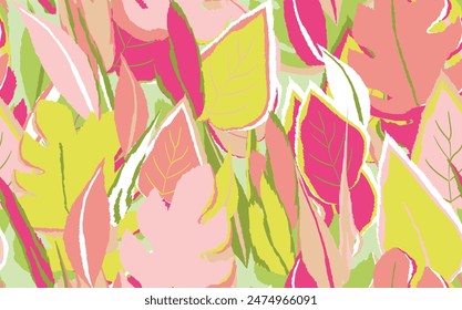 Floral seamless with hand drawn color exotic monstera leaves. Cute summer background. Tropic branches. Modern floral compositions. Fashion vector illustration for wallpaper, fabric, textile.
