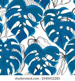 Floral sem costura com mão desenhada cor exótica folhas monstera. Fundo bonito de verão. Ramos trópicos. Composições florais modernas. Ilustração de vetor de moda para papel de parede, tecido, têxtil.