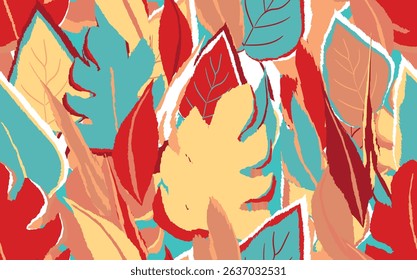 Floral seamless with hand drawn color exotic monstera leaves. Cute summer background. Tropic branches. Modern floral compositions. Fashion vector illustration for wallpaper, fabric, textile.