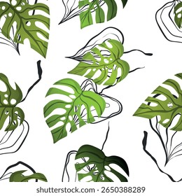 Floral seamless with hand drawn color exotic monstera leaves. Cute summer background. Tropic branches. Modern floral compositions. Fashion vector illustration for wallpaper, fabric, textile.