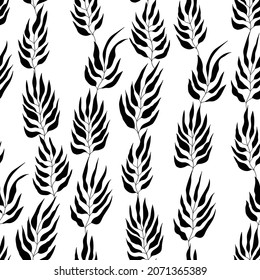 Floral seamless with hand drawn leaves. Cute autumn black and white background. Tropic grass branches. Modern floral compositions. Fashion vector illustration for wallpaper, poster, fabric, textile.
