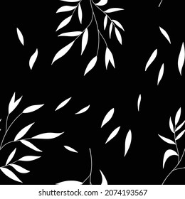 Floral seamless with hand drawn leaves. Cute autumn black and white background. Tropic grass branches. Modern floral compositions. Fashion vector illustration for wallpaper, poster, fabric, textile.