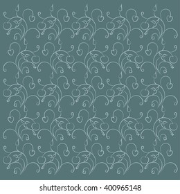 Floral seamless hand drawn texture. Light blue thin line leaf and fruit ornament on dark blue background, design element, vector