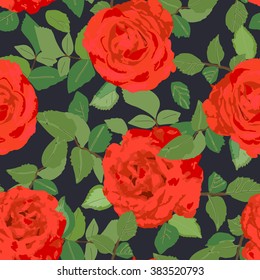 Floral seamless hand painted background. Isolated red roses and leafs. Vector illustration.