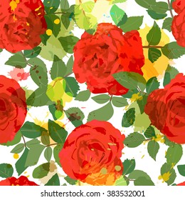 Floral seamless hand painted background. Isolated red roses and leafs with imitation watercolor. Vector illustration.