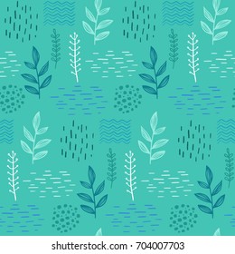 Floral seamless hand-drawn pattern scandinavian design style on a teal color background. Vector illustration