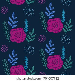 Floral seamless hand-drawn pattern scandinavian design style  on a dark background. Vector illustration