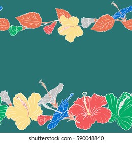 Floral seamless hibiscus flower pattern. Hand drawn design in blue, pink and yellow colors for invitation or greeting cards, textile, prints or fabric. Vector hibiscus floral pattern with copy space.