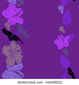 Floral seamless hibiscus flower pattern. Hand drawn design in purple, black and violet colors for wedding or greeting cards, prints or fabric. Vector hibiscus floral pattern with copy space.
