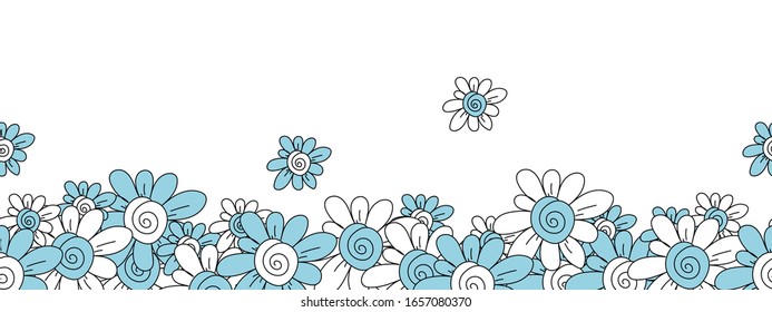 Floral seamless horizontal border, blue and white flowers in cartoon style on white background. Textile, fabric, decor, web element, wrapping paper, background, backdrop, wallpaper.