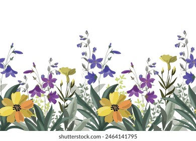 Floral seamless horizontal pattern, border with meadow flowers. Vector flowers, leaves, herbs on a white background.