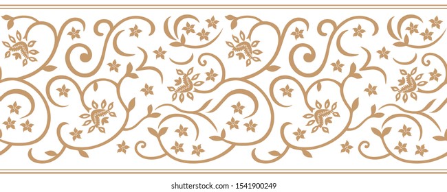 Floral seamless horizontal pattern. Gold ornament on white background, for textile, wallpaper, wrapping and paper invitation cards. Abstract flowers and leaves. Decorative border. Ribbon design.