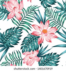 Floral seamless illustration, realistic vector pattern blue palm, monstera leaves and pink lily flowers on the white background