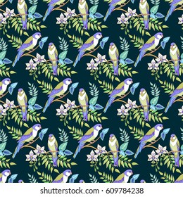 Floral seamless jungle pattern with parrots and flowers and leaves.