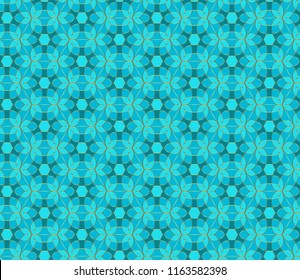 Floral seamless lace pattern. Geometric mosaic background. Mint green, blue and gold kaleidoscope. Oriental ornament. Easy to use vector template for invitations, greeting cards, fabric, wallpapers.