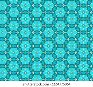 Floral seamless lace pattern. Geometric mosaic background. Mint green, blue and gold kaleidoscope. Oriental ornament. Easy to use vector template for invitations, greeting cards, fabric, wallpapers.