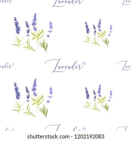 Floral seamless with lavender greenery and hand lettering. Vector watercolor vintage sketch. Botanical colorful illustration on white background. Pattern or card design.