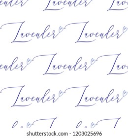 Floral seamless with lavender hand lettering. Vector vintage sketch colorful illustration on white background. Pattern or card design.