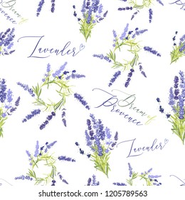 Floral seamless with lavender wreath, bouquet and dream of Provence lettering. Pattern or card design. Vector watercolor vintage sketch. Botanical colorful illustration on white background.