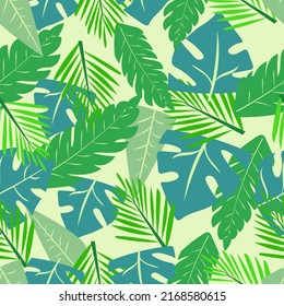 Patrón de hojas sin soldadura floral, verde, hojas de palma. Hojas tropicales.