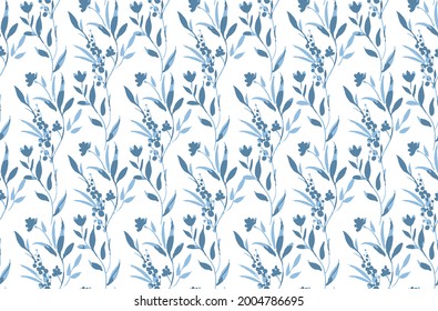 floral seamless leave stripes pattern. Artistic background with leaves.blue flowers on white background.