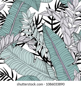 Floral seamless leaves pattern with tropical plants