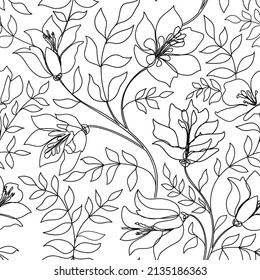 Floral seamless line art pattern. Flower outline background. Floral linear drawn texture with flowers. Flourish tiled wallpaper