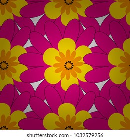 Floral seamless magenta, yellow and white background for textile, book covers, manufacturing, wallpaper, print, gift wrap. Millefleurs. Simple cute vector pattern in small-scale flowers. Liberty style