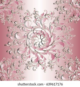 Floral seamless mandala pattern. Light pink floral background wallpaper illustration with vintage 3d flowers, swirl leaves and beautiful flourish damask ornaments. Vector surface 3d texture.
