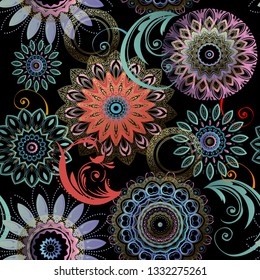 Floral seamless mandalas pattern. Elegance colorful patterned background. Ethnic style lacy flowers, leaves. Round flourish mandala ornament. Repeat ornate backdrop. Ornamental beautiful vector design