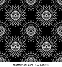 Floral seamless mandalas pattern. Elegance black White patterned background. Ethnic style lacy flowers. Round flourish mandala ornament. Ornamental vector design.