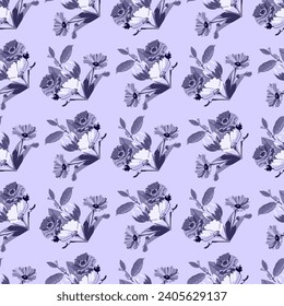 Patrón floral sin costuras monocromo sobre un fondo claro con ramos de flores diferentes. Ilustración vectorial en color lila.