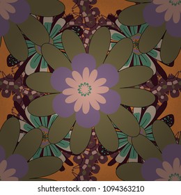 Floral seamless orange, brown and purple background for textile, book covers, manufacturing, wallpapers, print, gift wrap. Millefleurs. Simple cute vector pattern in small-scale flowers. Liberty style