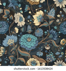 Floral seamless original pattern in vintage paisley style. Traditional floral pattern for fabric, wallpapers and backgrounds. Ornamental garden Flowers and leaves.