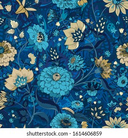 Floral seamless original pattern in vintage paisley style. Traditional floral pattern for fabric, wallpapers and backgrounds. Ornamental garden Flowers and leaves.