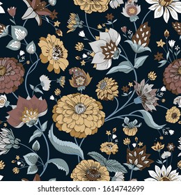 Floral seamless original pattern in vintage paisley style. Traditional floral pattern for fabric, wallpapers and backgrounds. Ornamental garden Flowers and leaves.