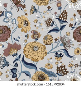 Floral seamless original pattern in vintage paisley style. Traditional floral pattern for fabric, wallpapers and backgrounds. Ornamental garden Flowers and leaves.