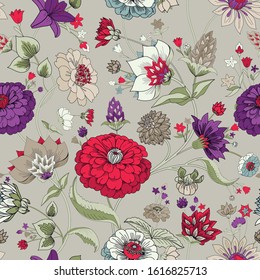 Floral seamless original pattern in vintage paisley style. Traditional floral pattern for fabric, wallpapers and backgrounds. Ornamental garden Flowers and leaves.