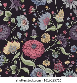 Floral seamless original pattern in vintage paisley style. Traditional floral pattern for fabric, wallpapers and backgrounds. Ornamental garden Flowers and leaves.