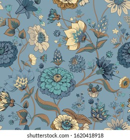 Floral seamless original pattern in vintage paisley style. Traditional floral pattern for fabric, wallpapers and backgrounds. Ornamental garden Flowers and leaves.
