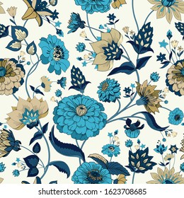 Floral seamless original pattern in vintage paisley style. Traditional floral pattern for fabric, wallpapers and backgrounds. Ornamental garden Flowers and leaves.