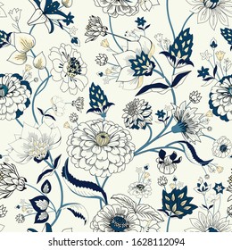 Floral seamless original pattern in vintage paisley style. Traditional floral pattern for fabric, wallpapers and backgrounds. Ornamental garden Flowers and leaves.